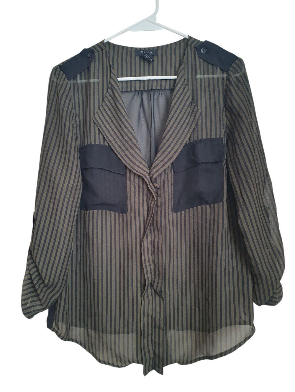 Timing Women's Size M Olive Green Black Striped Long Sleeve Blouse Pockets